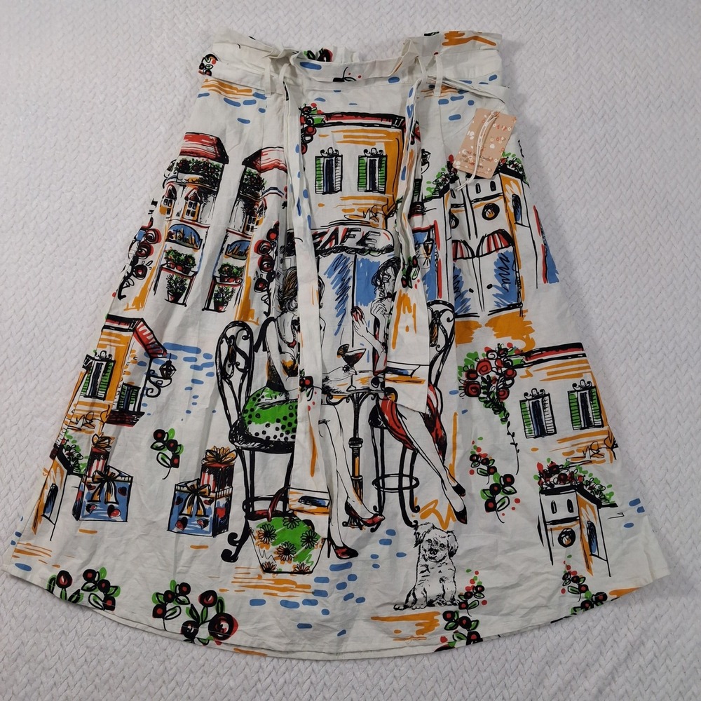 Her Destiny Brand Cafe Scene Print Midi Skirt Womens Large Multi-Color